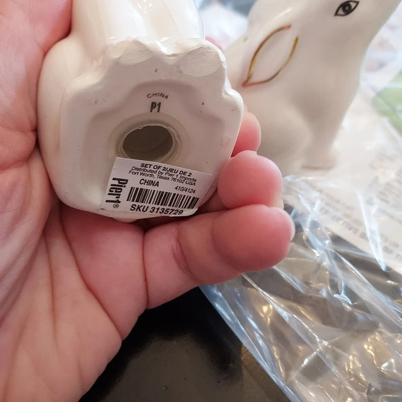 Pier 1 Set of 2 Ceramic Rabbit Salt and Pepper Shakers White and Gold Detail - Picture 10 of 11